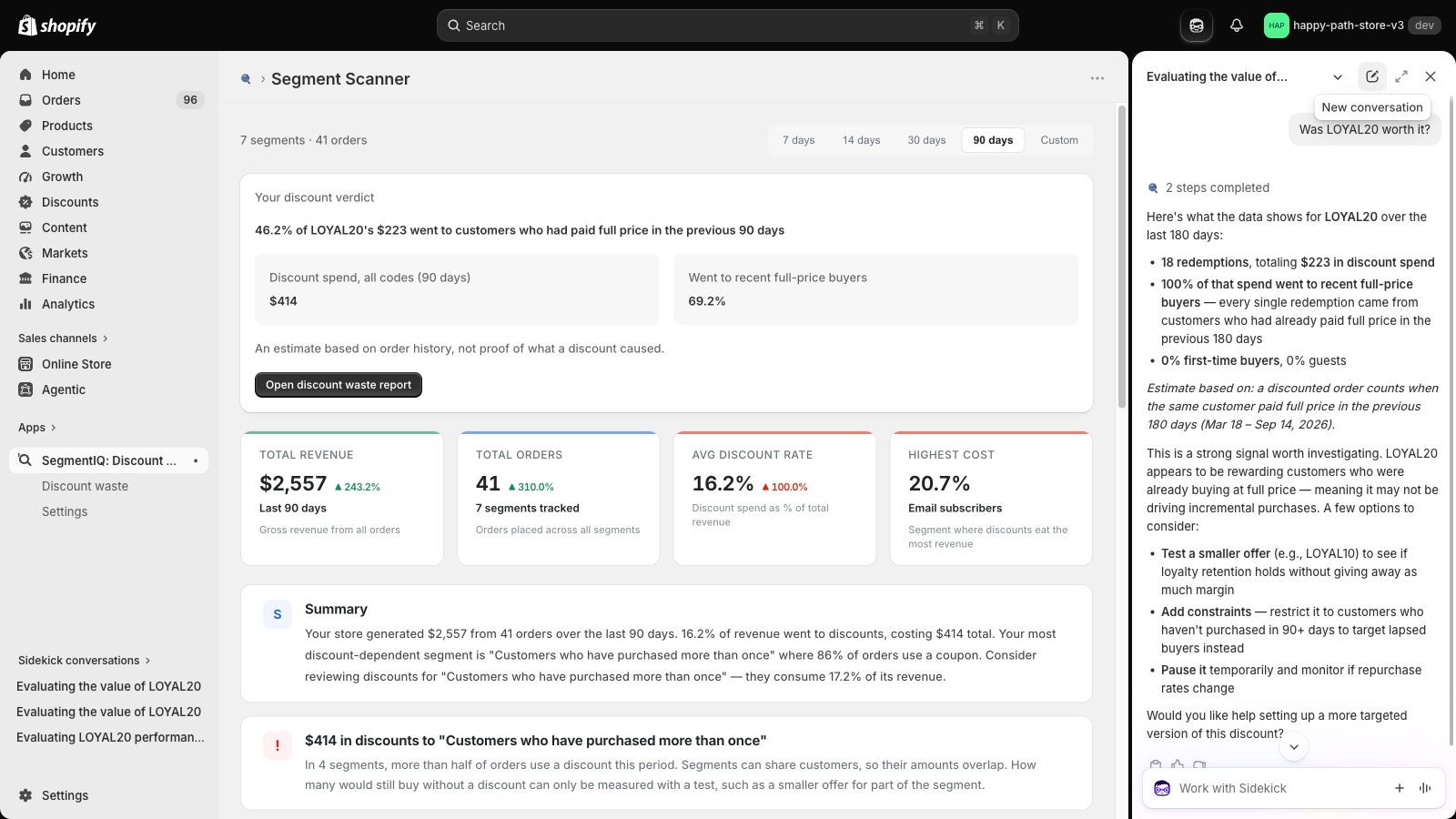 Shopify Sidekick answering "Was LOYAL20 worth it?" with SegmentIQ data